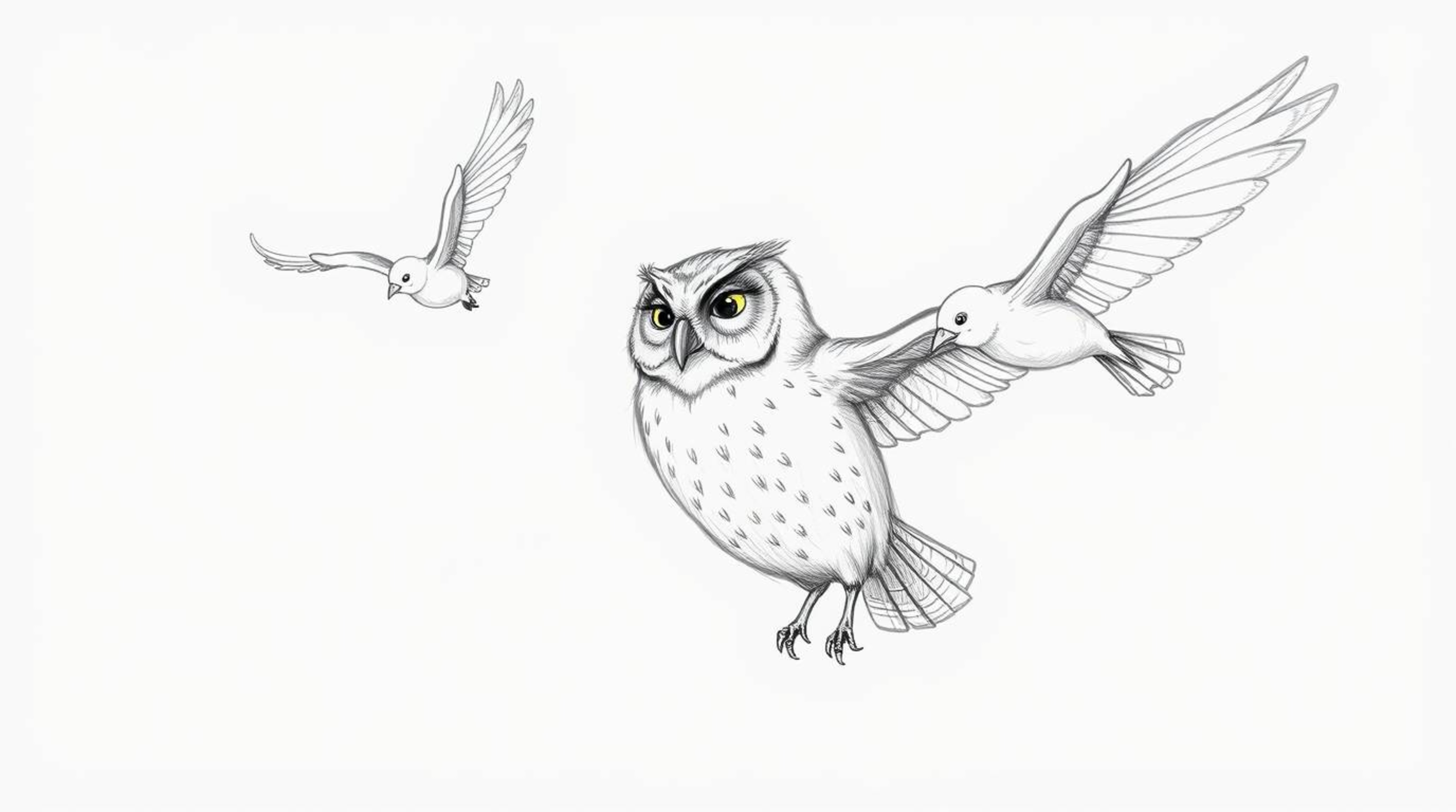 A Pixar-esque hand-drawn sketch depicts a blind owl with intricate feather details and a wise demeanor instructing birds in s