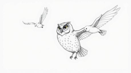 A Pixar-esque hand-drawn sketch depicts a blind owl with intricate feather details and a wise demeanor instructing birds in s