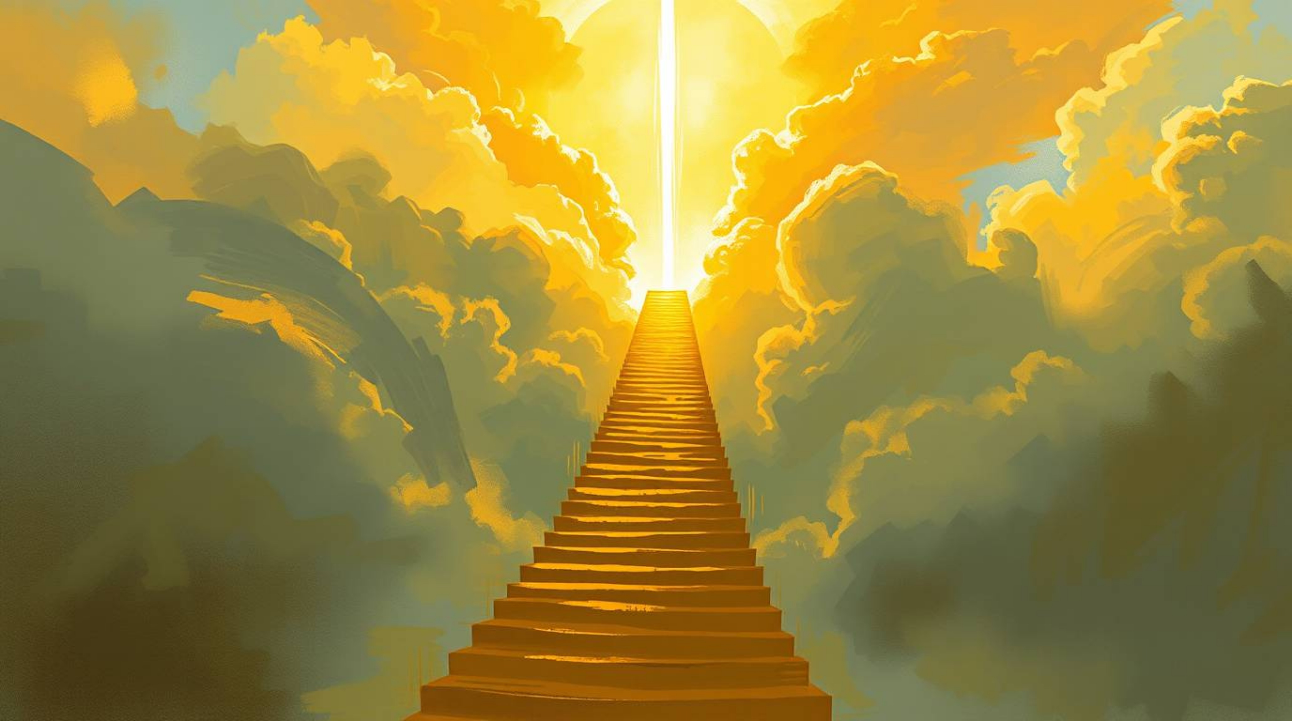 A dynamic digital sketch depicts a golden staircase ascending through misty clouds towards a radiant heaven. Sunlight pierces