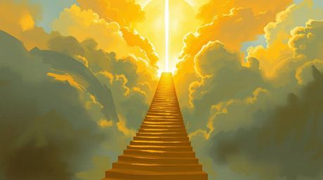A dynamic digital sketch depicts a golden staircase ascending through misty clouds towards a radiant heaven. Sunlight pierces