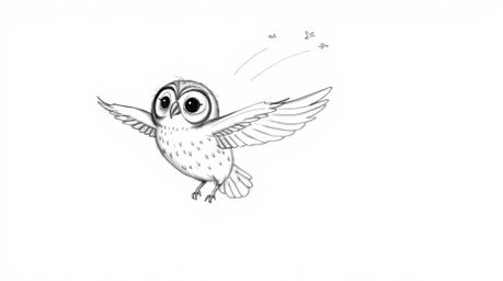 A charming hand-drawn sketch in the Pixar style depicts a blind owl patiently teaching birds to fly.  Soft, textured pencil s