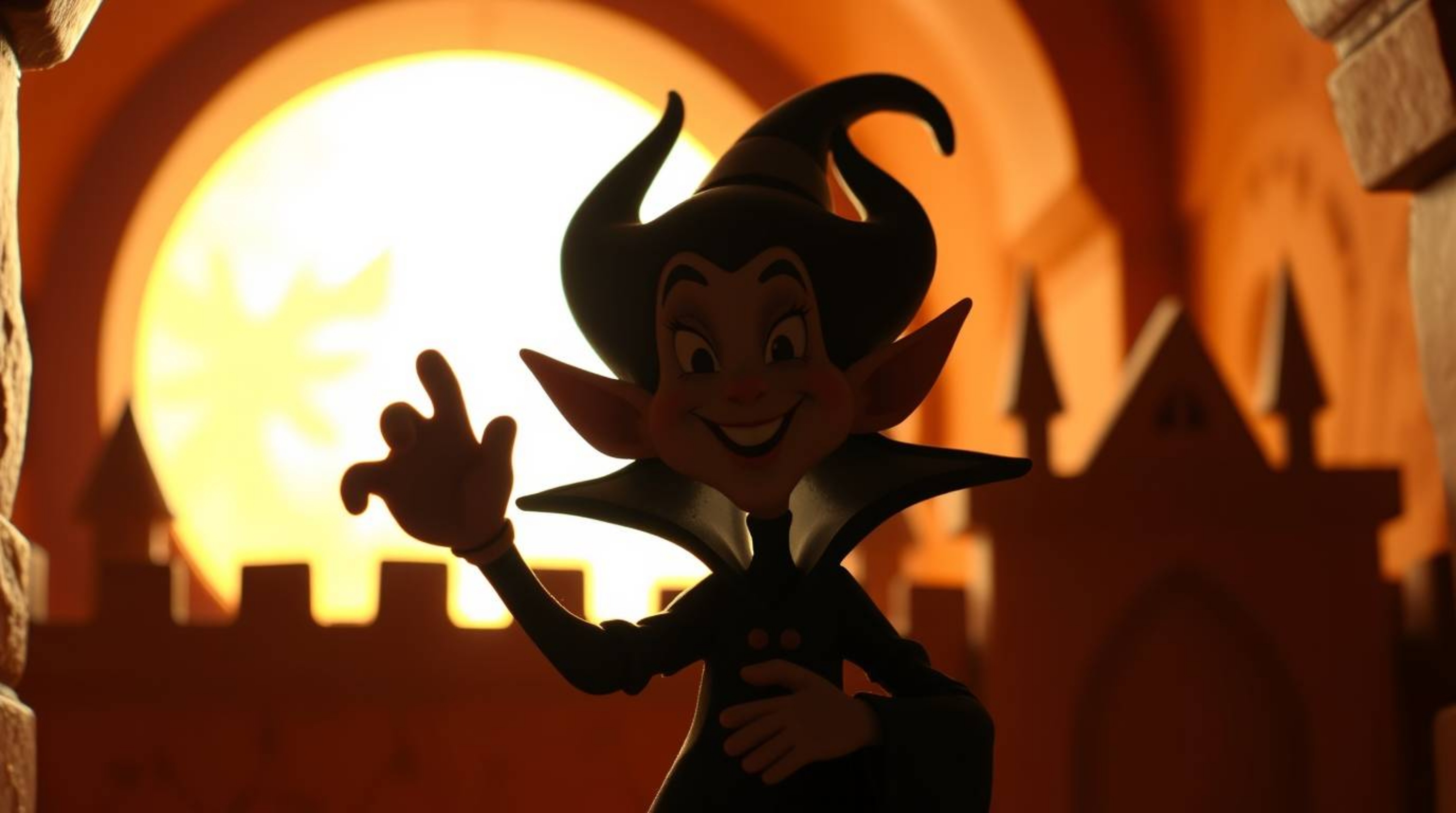 A charming yet sinister Disney villain, rendered in a clay-like style, casts a spell within an old castle. Silhouetted again