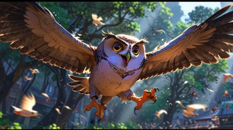 In a heartwarming scene created in the beloved Pixar and anime styles, a blind owl mentor is overcome with joy. He is clappin