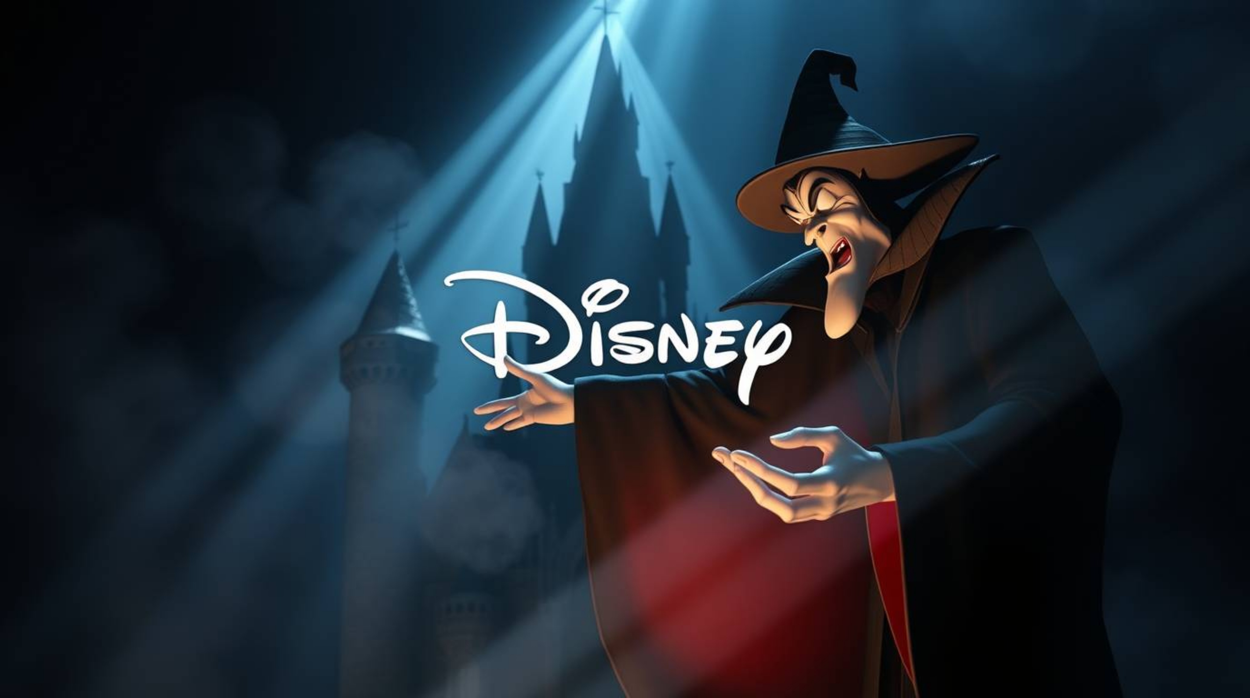 A captivating image of a classic Disney villain casting a spell within an ancient castle. The scene is enhanced by stunning v