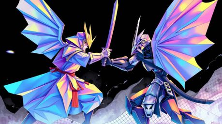 An origami-style illustration depicting a samurai and robot locked in combat, rendered with striking iridescent colors and me