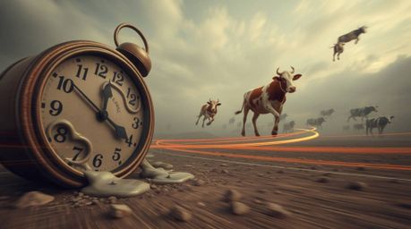 Explore a long-exposure photograph capturing a surreal dreamscape filled with melting clocks and floating cows.  The image ut