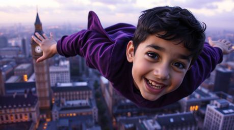 A captivating digital artwork depicting a young boy with dark hair and fair skin soaring above the London skyline, rendered i