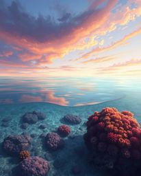 A digital painting of a coral reef at low tide under a colorful sky, characterized by soft, gentle light. The use of diffused