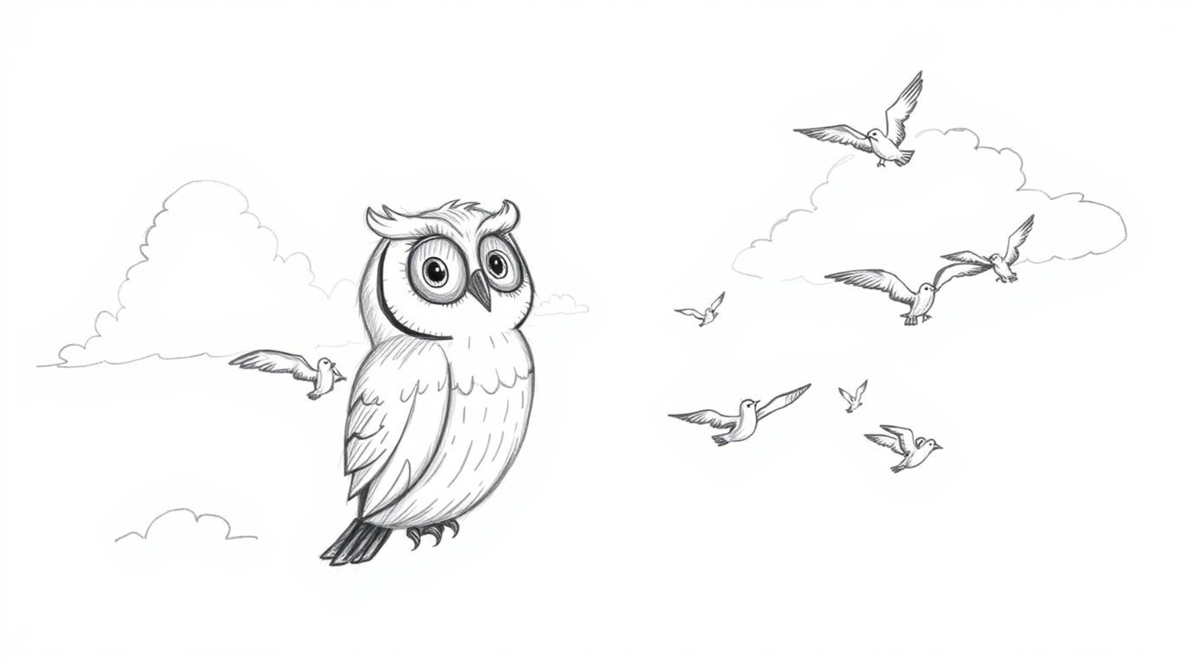 Experience the charm of this hand-drawn sketch, created in the heartwarming style of Pixar. It depicts a blind owl with soft