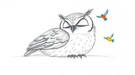 A whimsical, hand-drawn scene featuring a blind owl, rendered in the signature Pixar style, with soft and expressive features