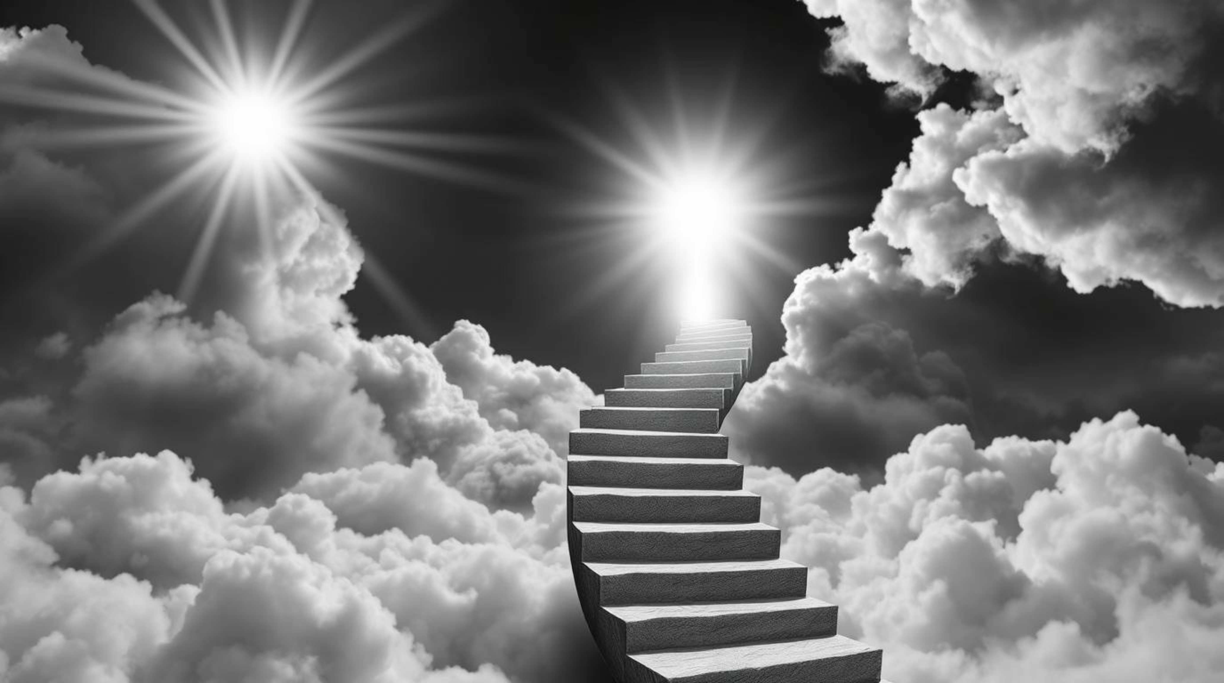 A captivating black and white image showcases a surreal stairway gracefully winding through smoky clouds, leading towards a b