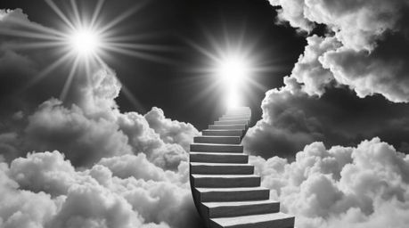 A captivating black and white image showcases a surreal stairway gracefully winding through smoky clouds, leading towards a b