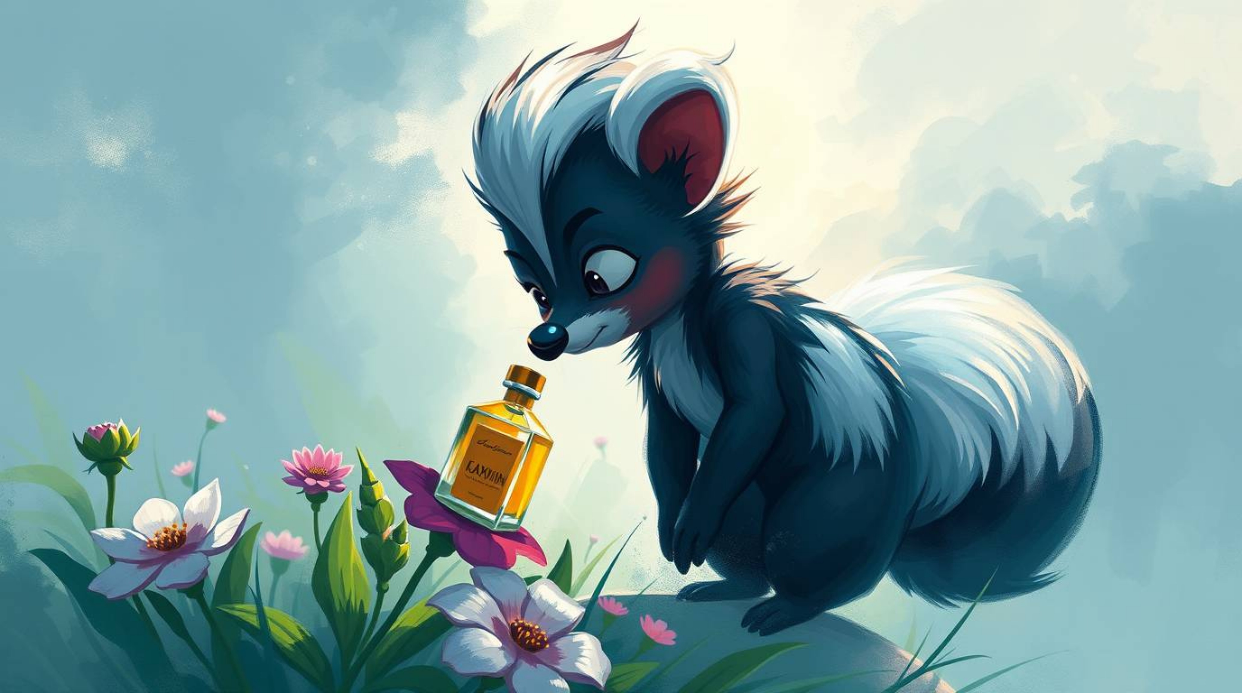 A dynamic digital sketch depicts a cartoon skunk spraying perfume onto flowers with loose, painterly strokes. The artwork uti