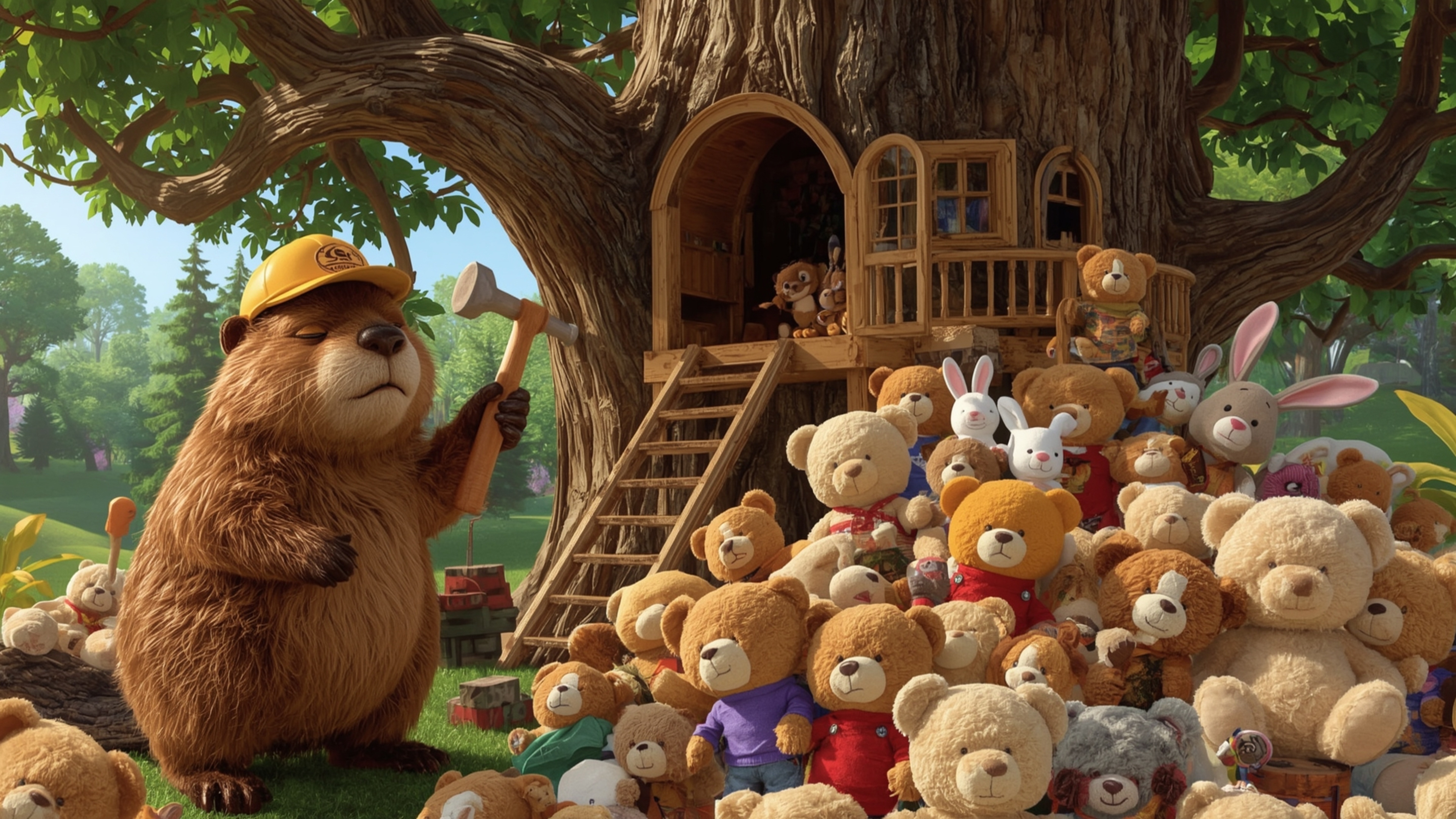 A high-resolution, Pixar-inspired stock photo of a busy beaver in a carpenter's hat, constructing an elaborate treehouse in a