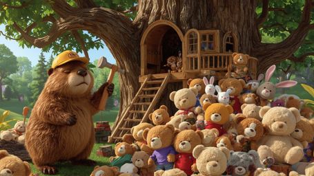 A high-resolution, Pixar-inspired stock photo of a busy beaver in a carpenter's hat, constructing an elaborate treehouse in a