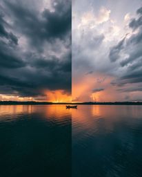 A boat is seen adrift on a placid lake at sunset, captured in a dramatic split composition. Intensely stormy skies loom above