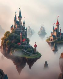 This fine art photograph captures a colorful kingdom with floating islands and castles, rendered in a soft, dreamy atmosphere