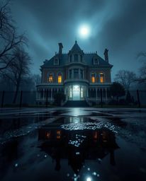 Explore a captivating low-angle photograph showcasing a fog-covered Victorian mansion bathed in moonlight during a rainy nigh