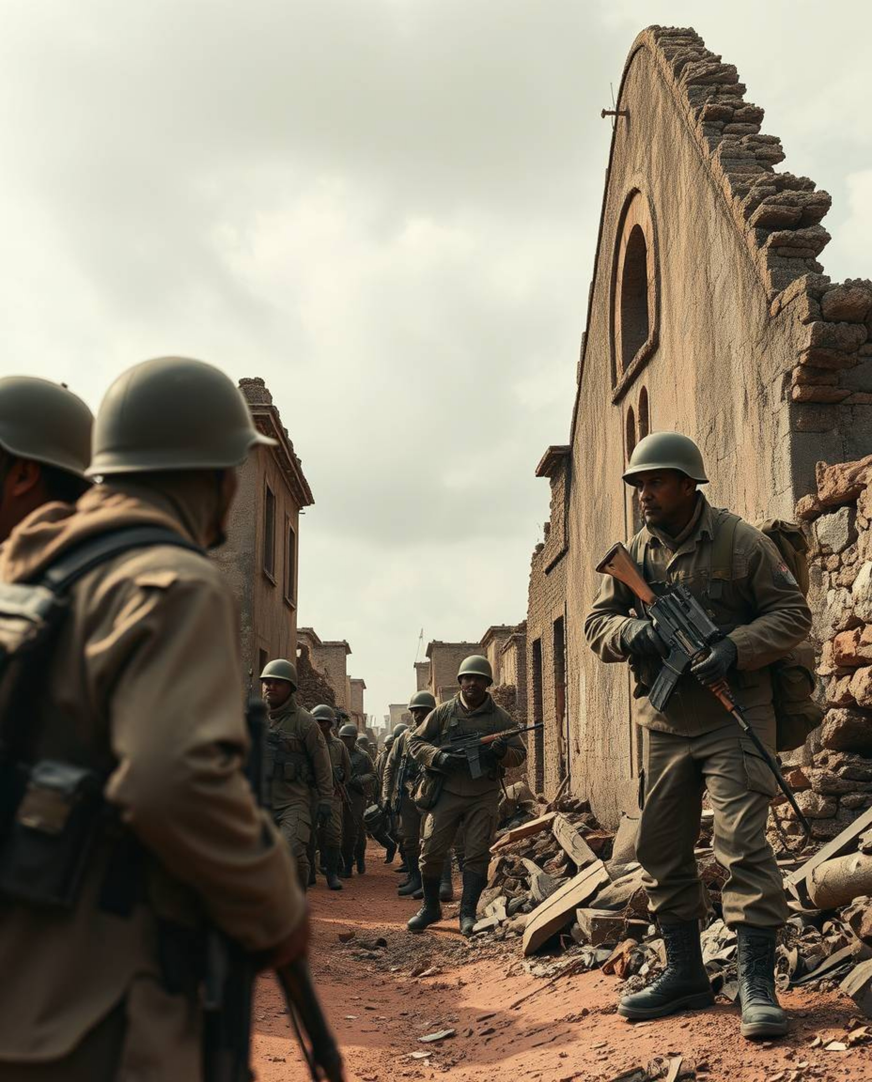 Explore a collection of warm and evocative fine art photography depicting time-warped soldiers amidst crumbling buildings. Th