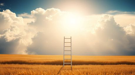 A digitally rendered minimalist scene features a silver ladder standing in an open field beneath a wide, cloudy sky. Silhouet