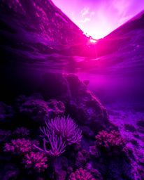 A photograph captures a coral reef at low tide, illuminated by warm golden hour light mixed with deep ultraviolet hues. The s