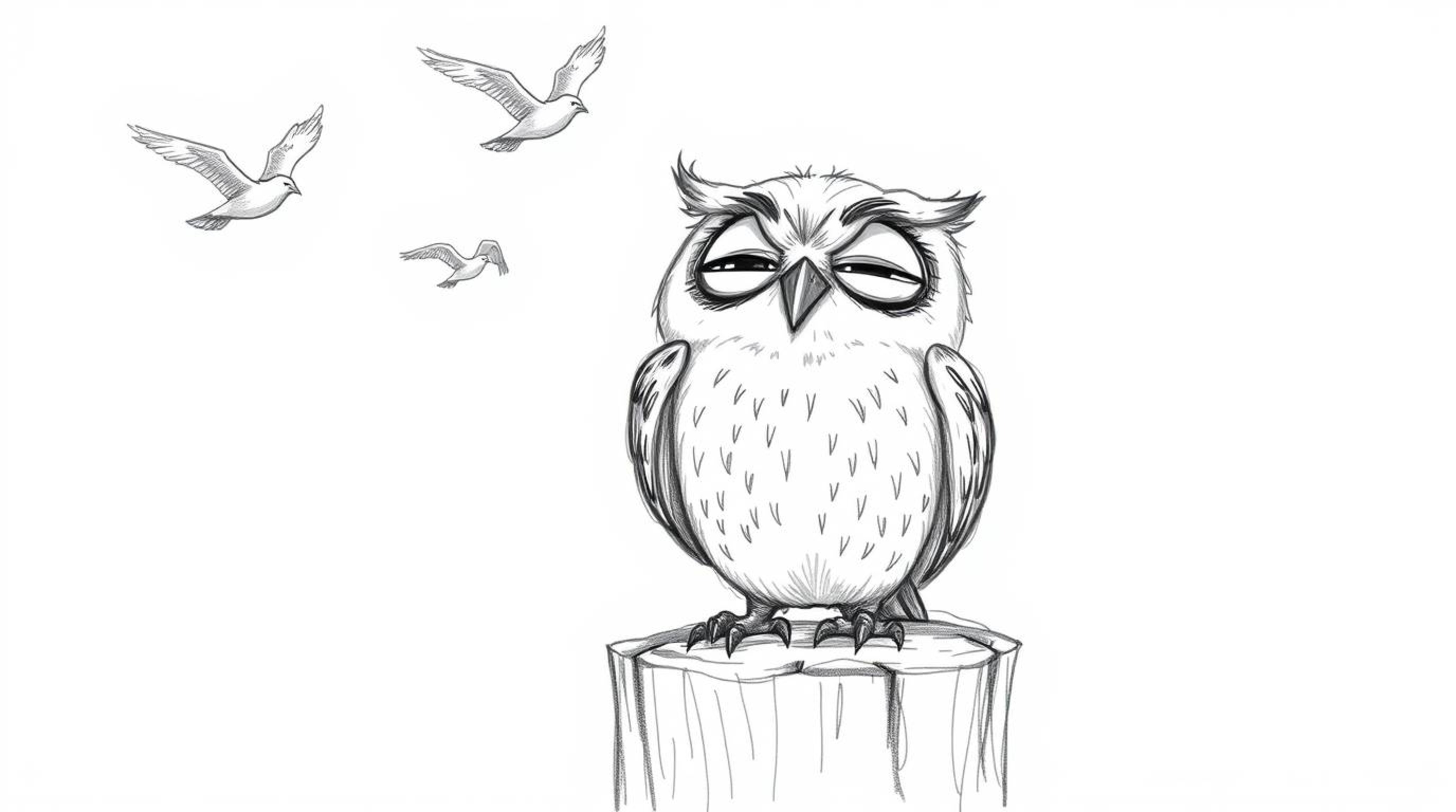 A charming hand-drawn sketch in Pixar style depicts a blind owl with expressive wrinkles perched on a tree stump, joyfully ch