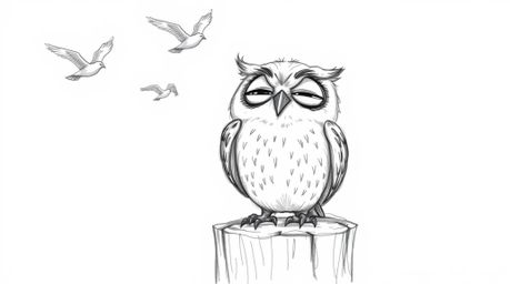 A charming hand-drawn sketch in Pixar style depicts a blind owl with expressive wrinkles perched on a tree stump, joyfully ch