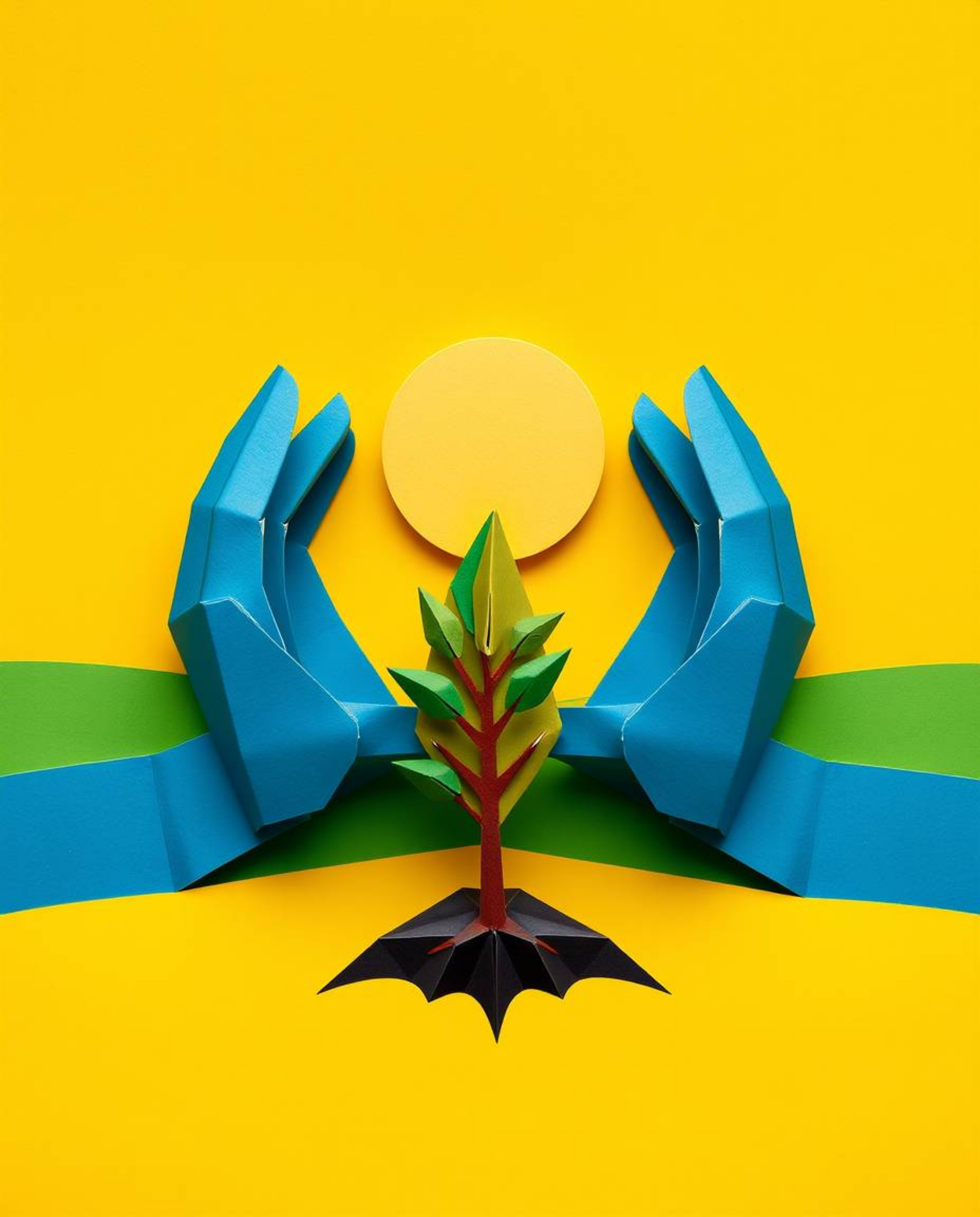 A captivating image showcasing intricate origami-style hands planting a tree beneath a vibrant golden sky.  The artwork featu