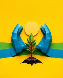 A captivating image showcasing intricate origami-style hands planting a tree beneath a vibrant golden sky.  The artwork featu