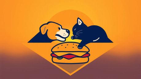 A unique logo design featuring a playful scene of a dog and cat fighting over a sandwich, bathed in the warm glow of golden h