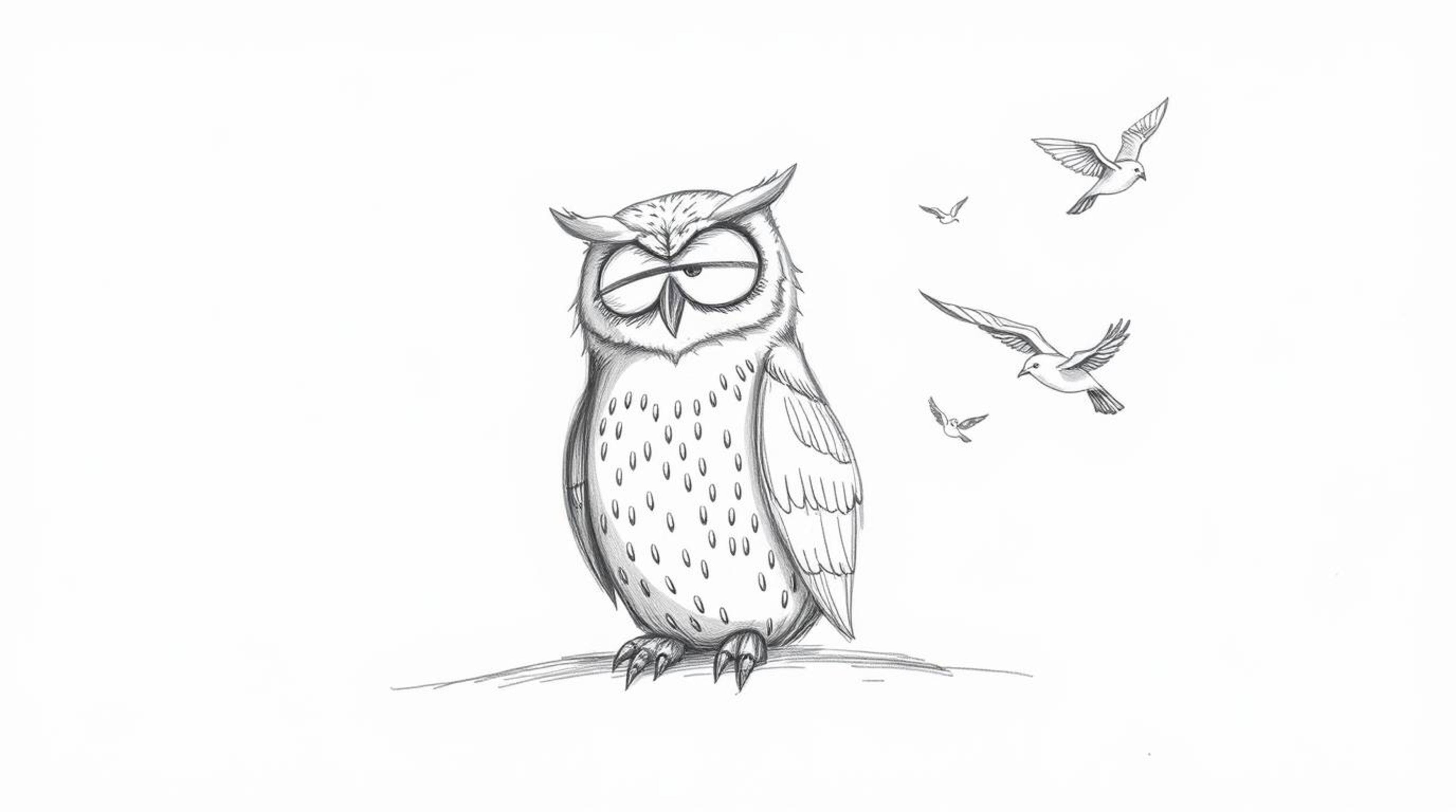 A captivating hand-drawn sketch in Pixar style depicts a blind owl, rendered with textured pencil strokes and rough lines, si