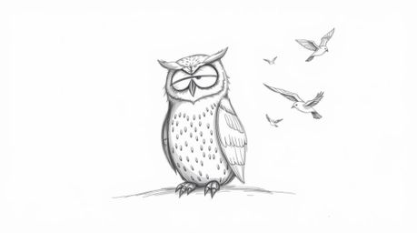 A captivating hand-drawn sketch in Pixar style depicts a blind owl, rendered with textured pencil strokes and rough lines, si