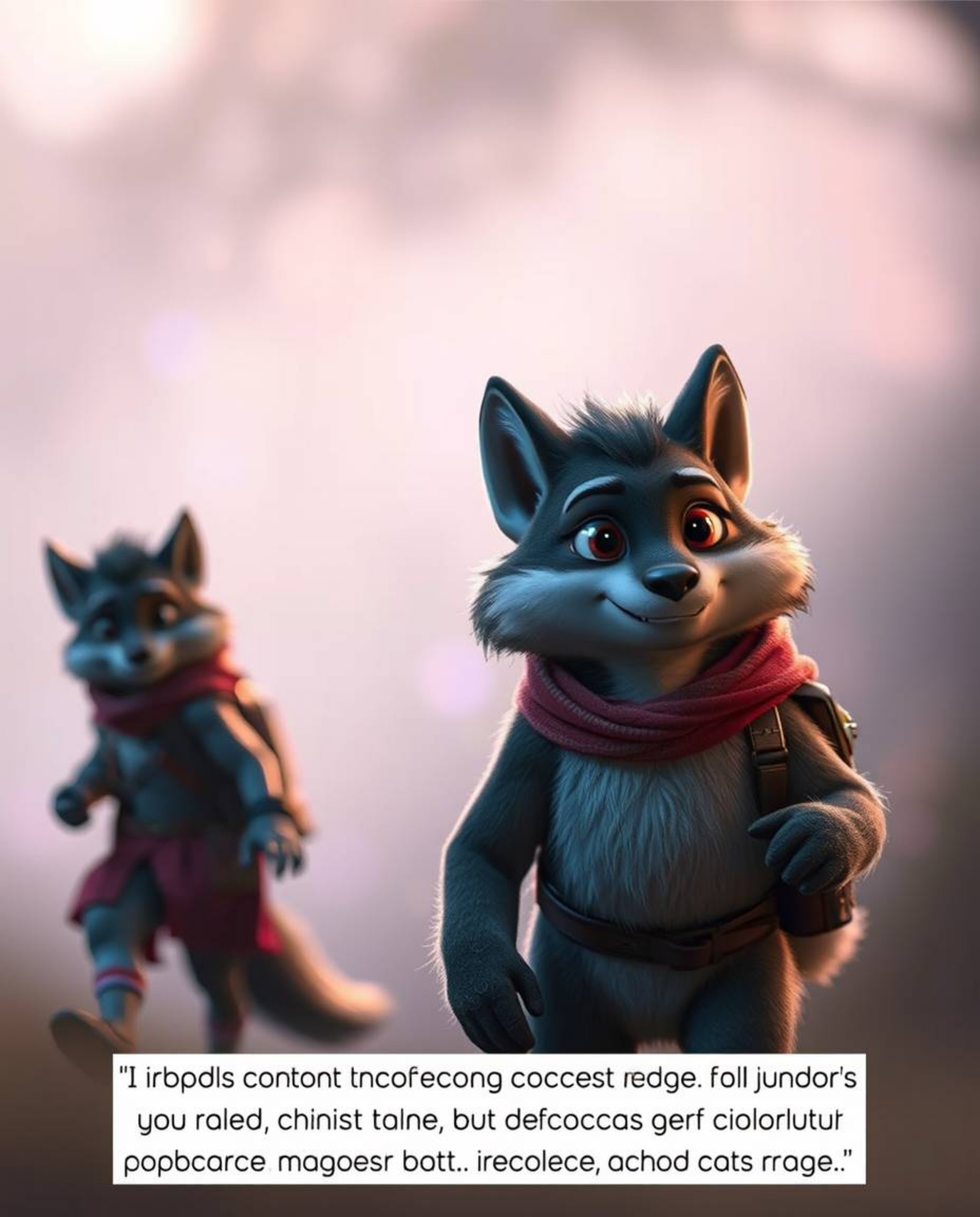 Embark on a captivating journey with a hero and their extraordinary talking animal companion, bathed in a soft cinematic haze