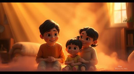 Experience a heartwarming Pixar-style family reunion bathed in a soft, dreamy atmosphere. The scene is illuminated by warm vo
