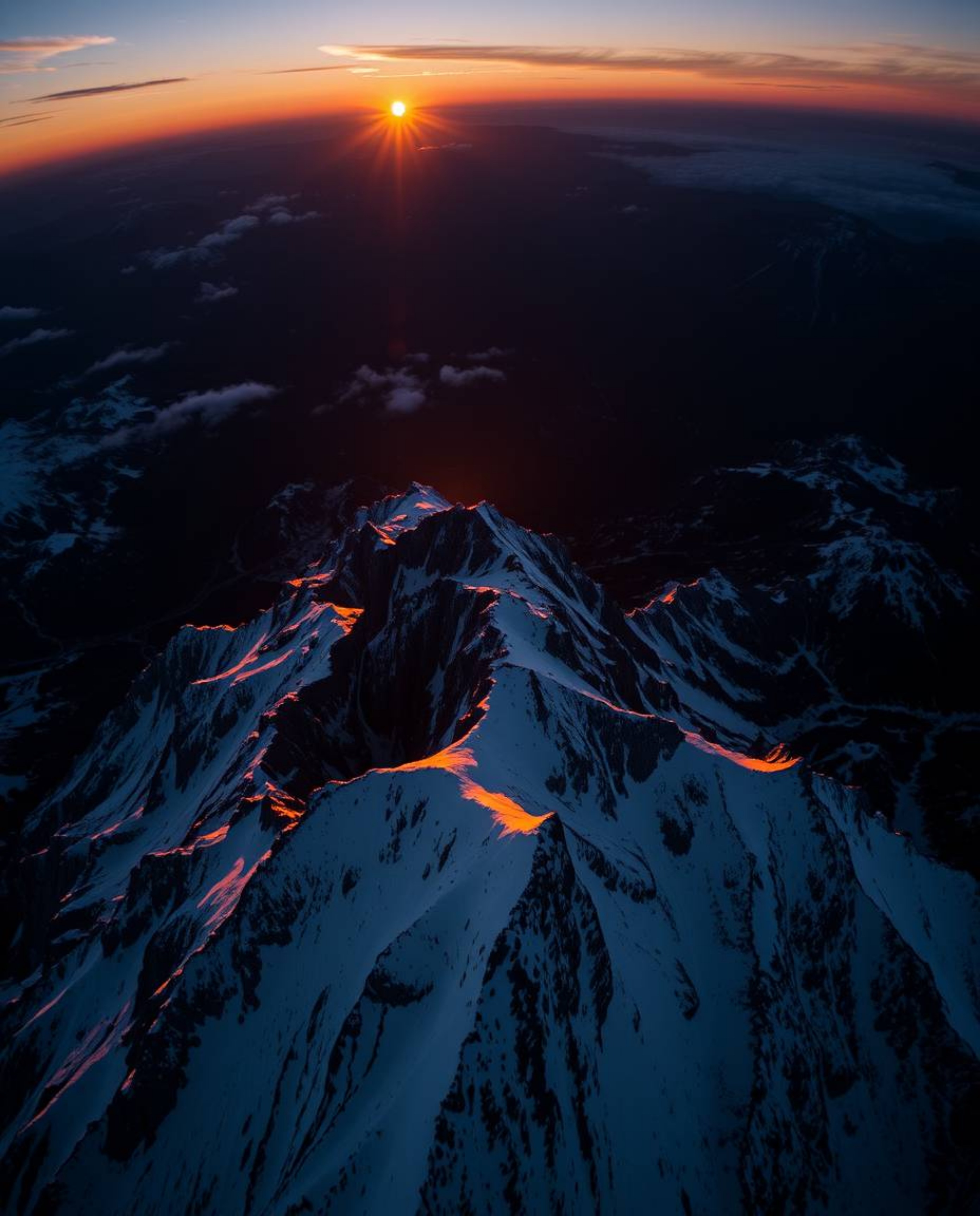Experience a stunning high-alpine peak sunset from a dramatic overhead bird's-eye view. This powerful image is rendered in in
