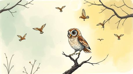 A hand-drawn sketch in Color sketchnote style showcases a blind owl, rendered in Pixar style, in a mystic and enchanting envi