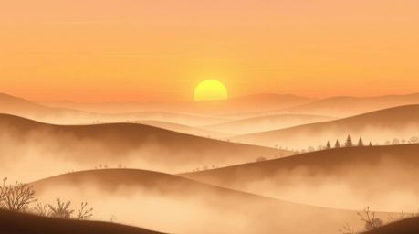 A dreamlike illustration capturing fog-covered hills at sunset, rendered in natural earth tones. The scene evokes a mystic an