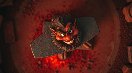 A captivating top-down perspective captures a rusty anvil about to descend upon a mischievous, grinning trickster. Rendered i