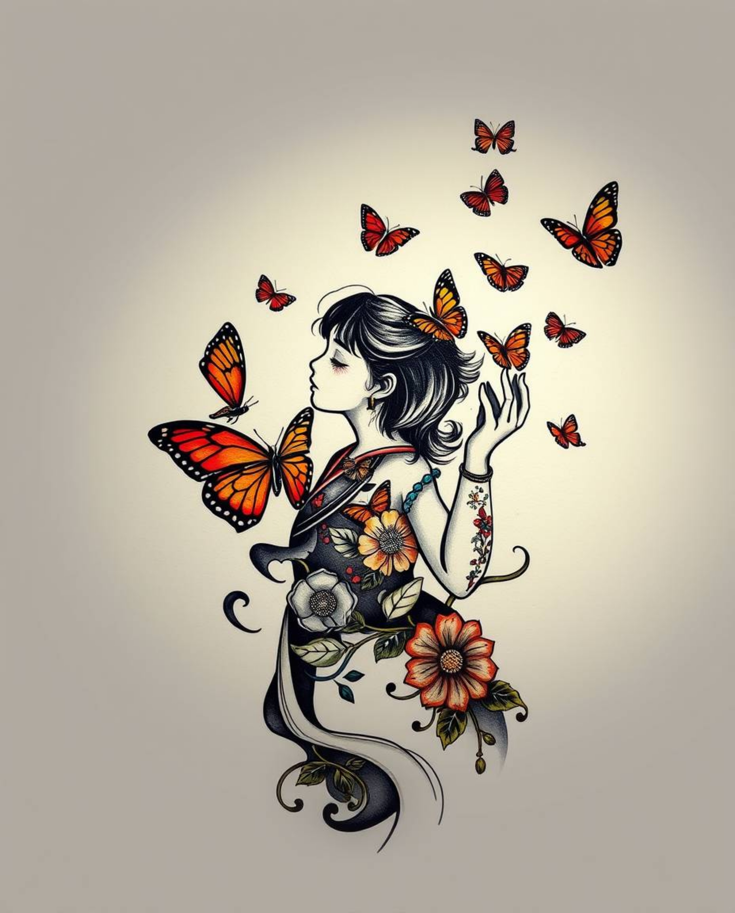 This stunning art print features a girl releasing butterflies, rendered in high contrast with low key lighting for a dramatic