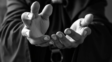 A captivating extreme close-up black and white photograph showcases the elegant hands of a classic Disney villain casting a s