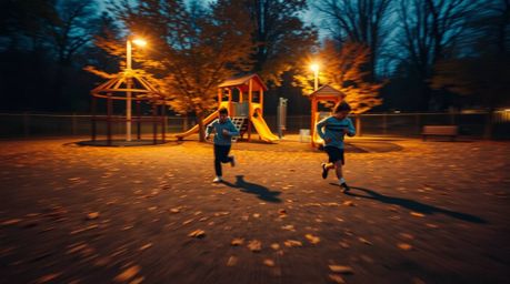 Experience a dramatic slow-motion run through a playground bathed in warm autumn colors and intense lighting.  High contrast 