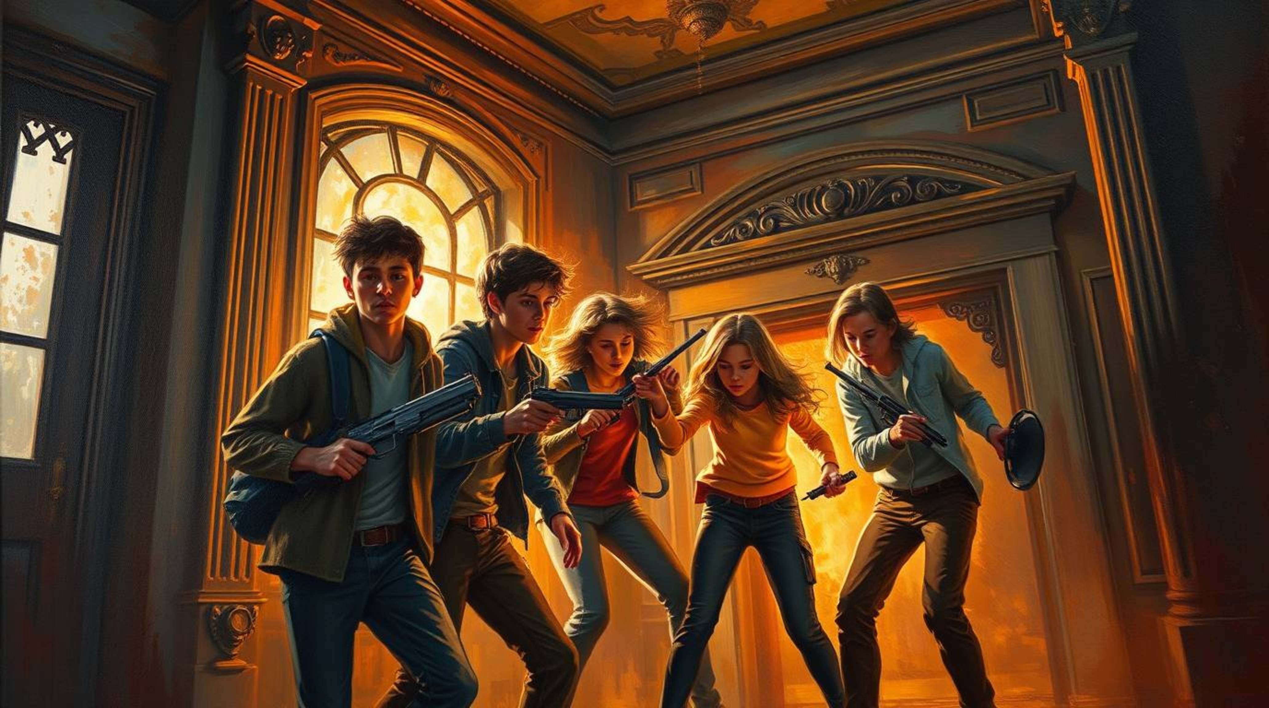 A captivating classic oil painting depicts a group of teenagers dynamically unraveling a mystery within a haunted mansion.  B