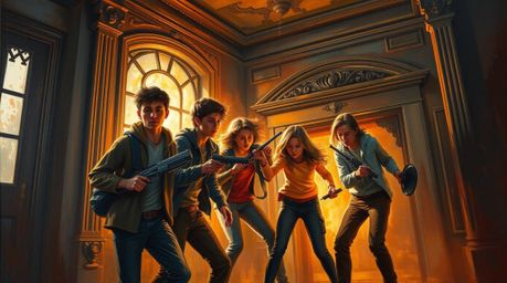 A captivating classic oil painting depicts a group of teenagers dynamically unraveling a mystery within a haunted mansion.  B
