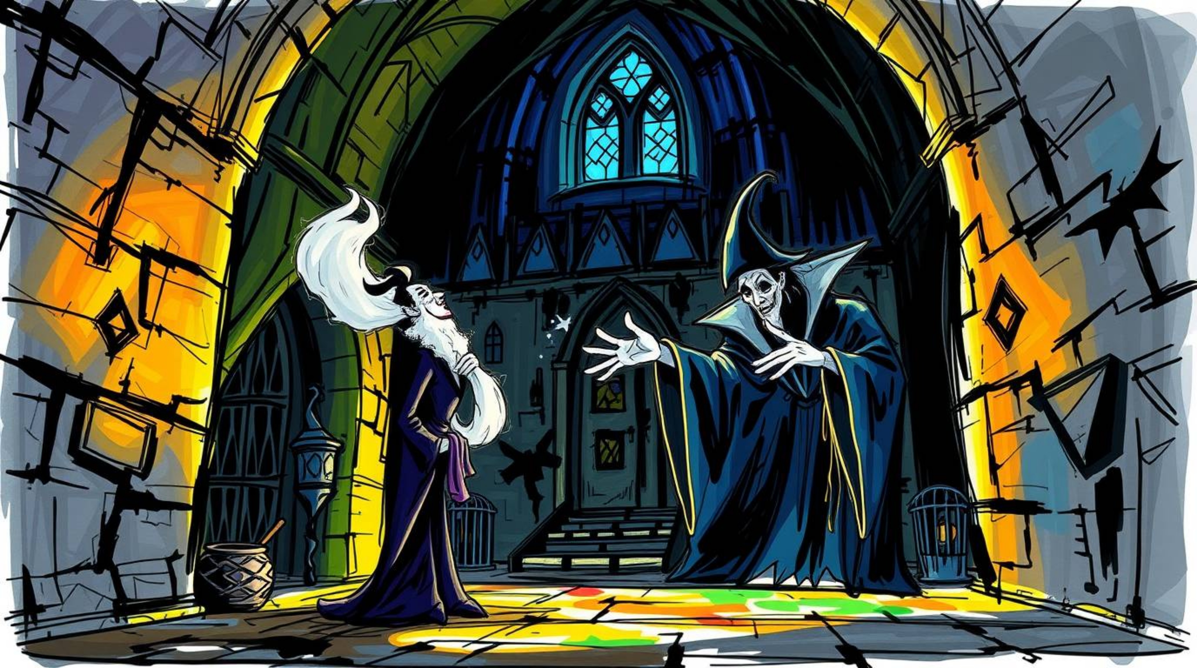 A captivating hand-drawn sketchnote depicts a classic Disney villain casting a spell within an ancient castle. The artwork f