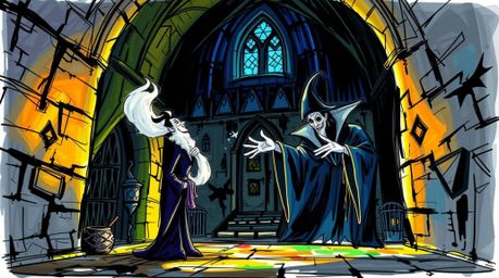 A captivating hand-drawn sketchnote depicts a classic Disney villain casting a spell within an ancient castle. The artwork f
