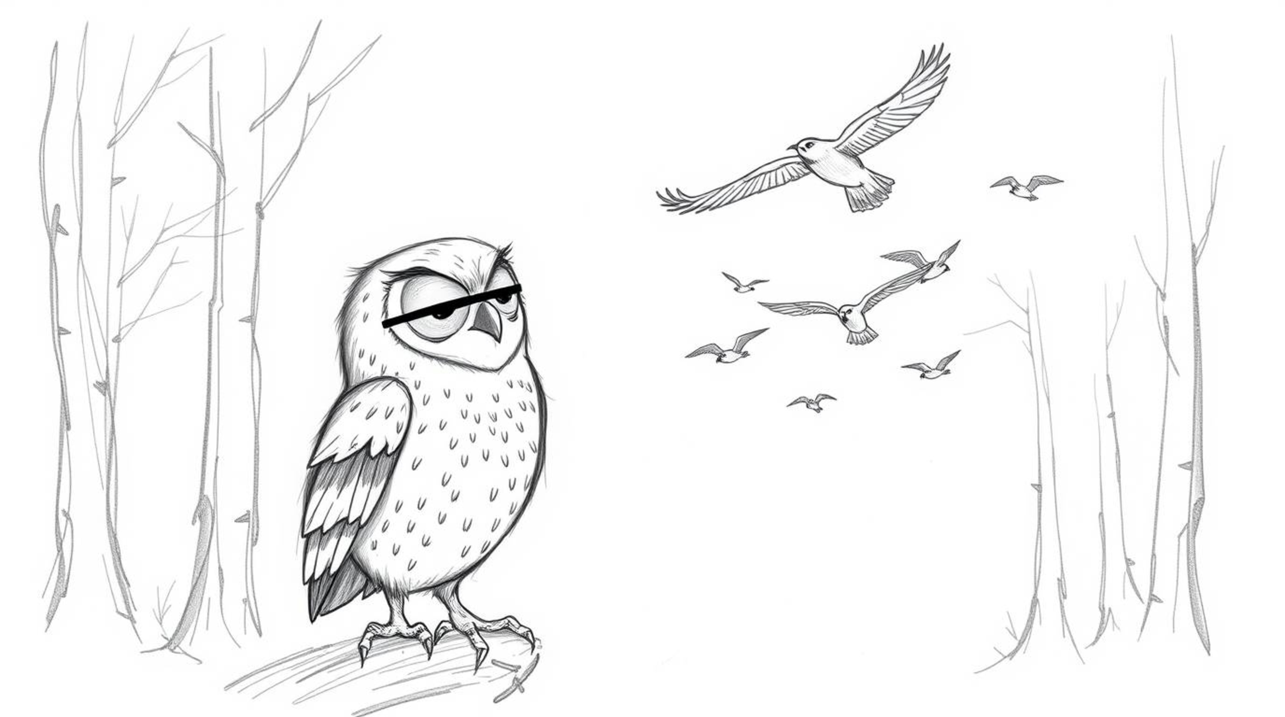 A heartwarming hand-drawn sketch in the style of Pixar depicts a charming blind owl with soft features patiently teaching a f