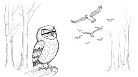 A heartwarming hand-drawn sketch in the style of Pixar depicts a charming blind owl with soft features patiently teaching a f