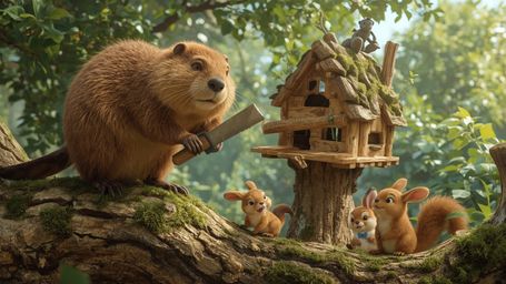 A high-resolution, professionally captured stock photo of a busy beaver, depicted in a vibrant, stylized Pixar-inspired manne