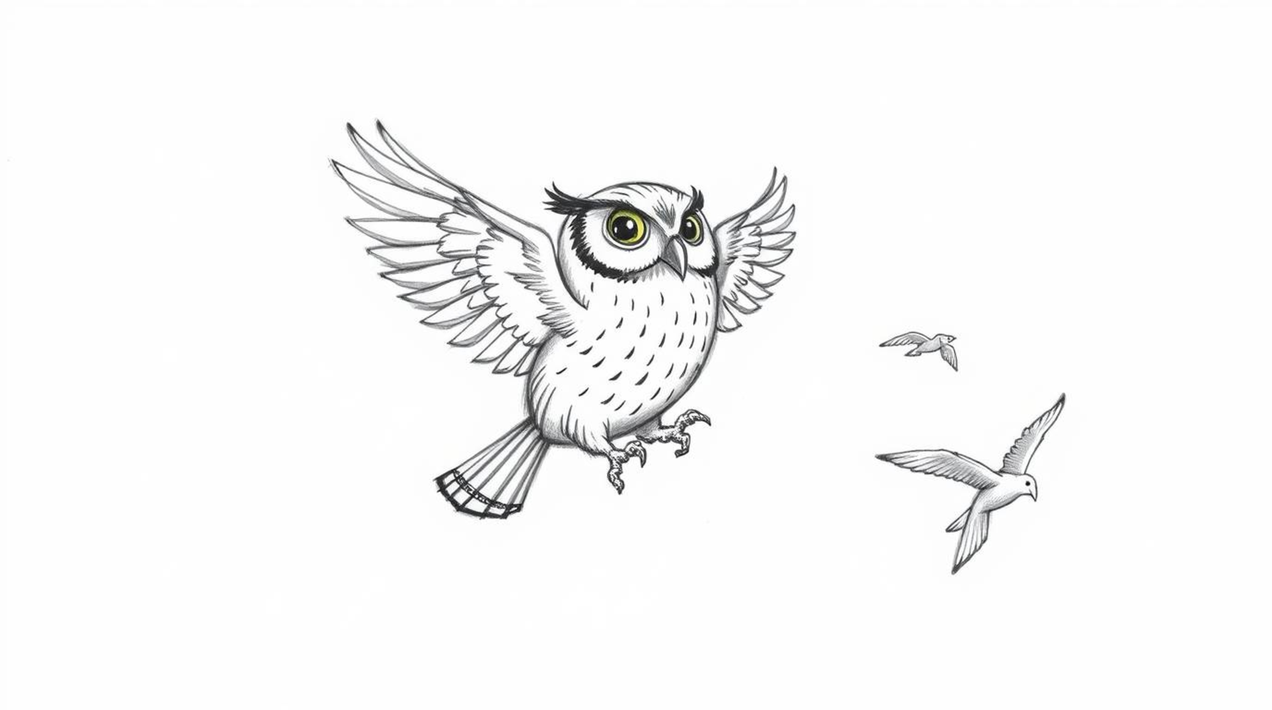 A charming hand-drawn sketch in the style of Pixar depicts a blind owl, mid-flight with trailing feathers, patiently teaching