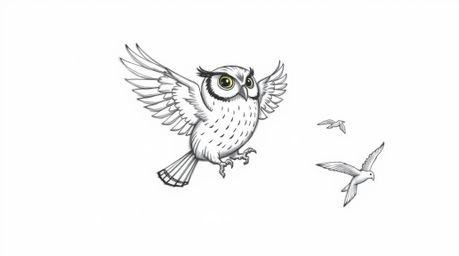 A charming hand-drawn sketch in the style of Pixar depicts a blind owl, mid-flight with trailing feathers, patiently teaching